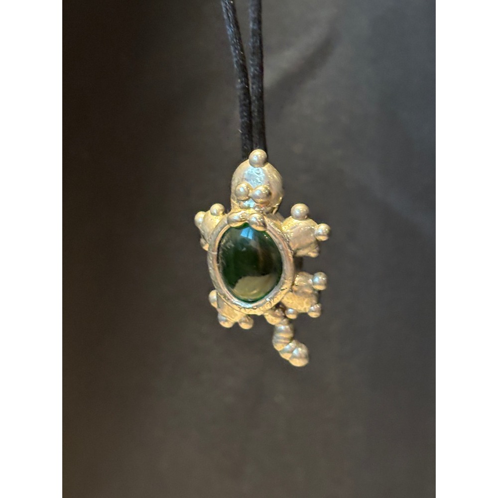 Artisan Silver Tone Green Stone Turtle Pendant Black Cord Necklace Boho